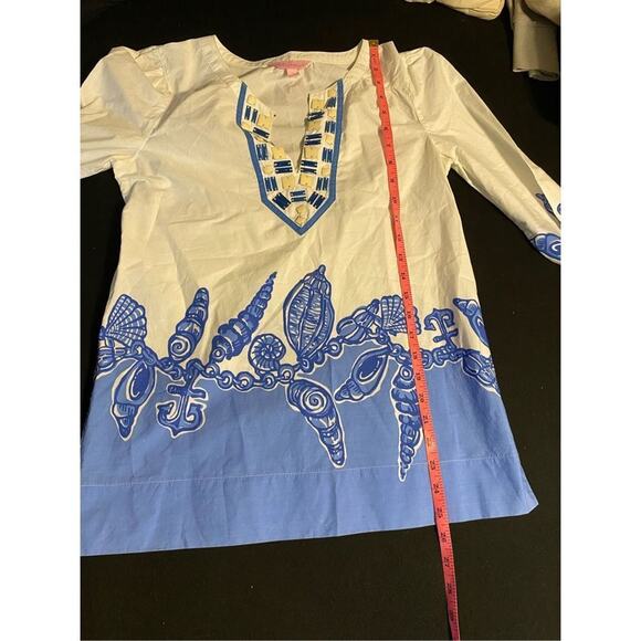 Lilly Pulitzer Blue White Tunic Blouse Vibrant Shell Turtle Print, Sz Small - Picture 8 of 8